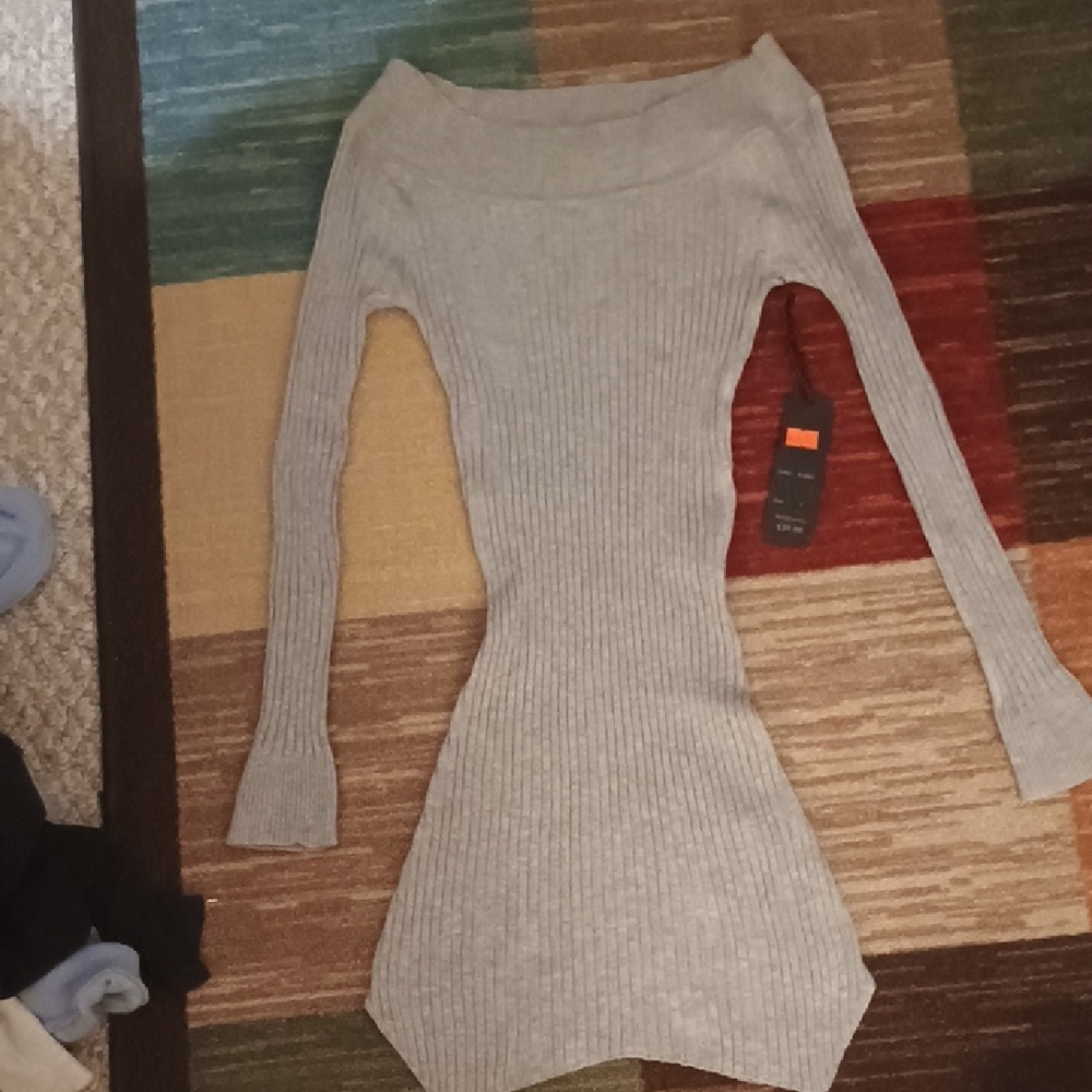 Gray Ribbed Off-Shoulder Sweater Dress